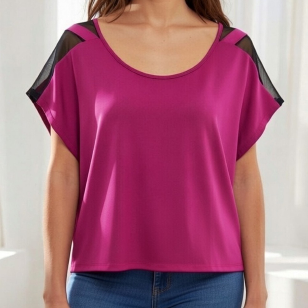 GUESS Fuschia Boxy Fit Mesh Back Top